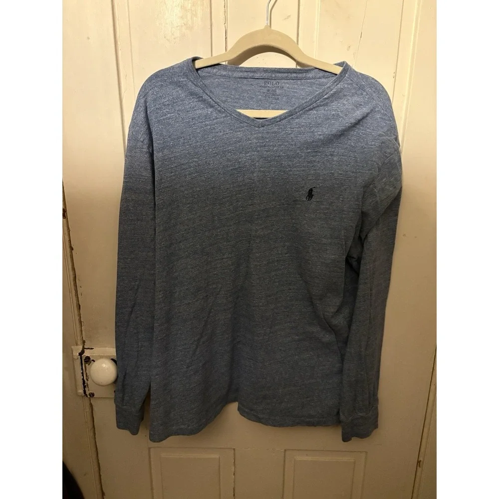 POLO RALPH LAUREN Blue Long Sleeve V Neck‎ Shirt XL Classic Pony